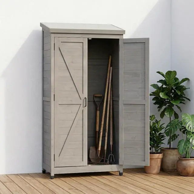 Alt view image 4 of 7 - Outdoor Wooden Storage Shed with Metal Top Tall Vertical Tool Cabinet for Backyard Garden Patio Lawn