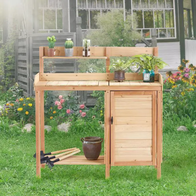 Alt view image 5 of 7 - Outdoor Wooden Potting Bench Table with Sink, Garden Table Work Bench with Storage, Workstation for Outside Patio Lawn