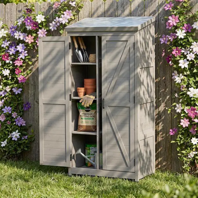 Alt view image 2 of 7 - Outdoor Wooden Storage Shed with Metal Top Tall Vertical Tool Cabinet for Backyard Garden Patio Lawn