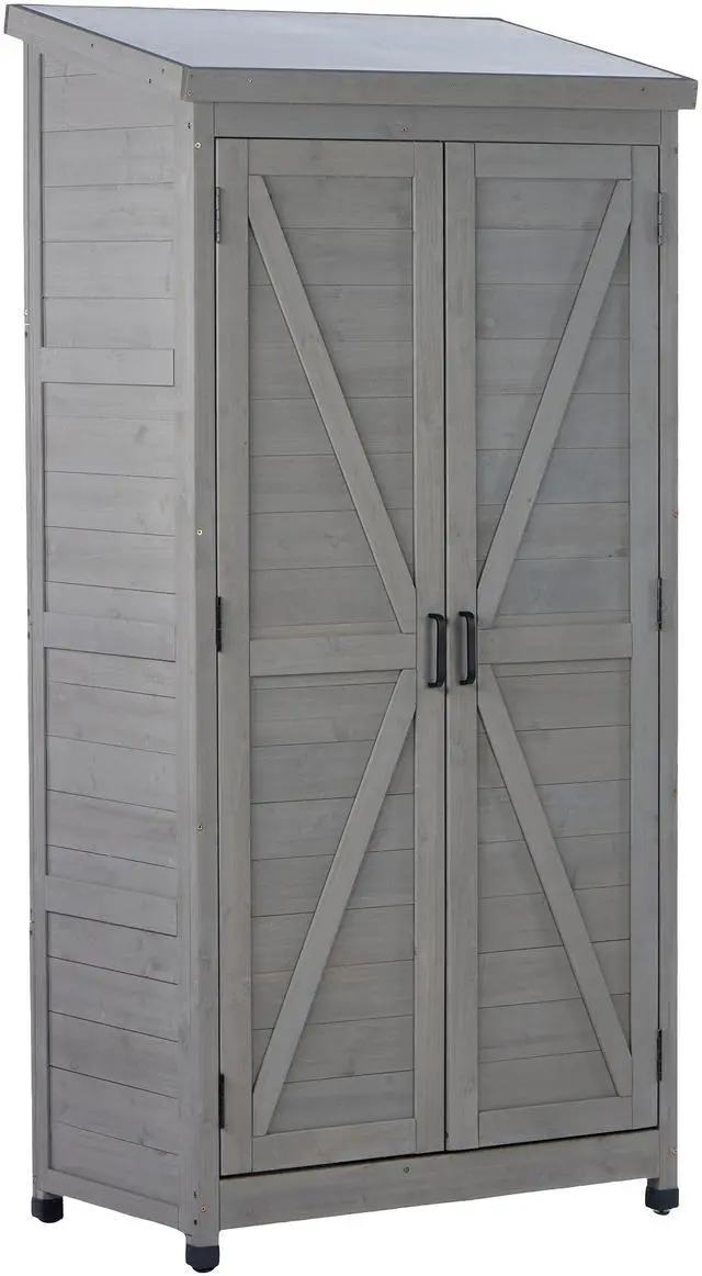Main image of Outdoor Wooden Storage Shed with Metal Top Tall Vertical Tool Cabinet for Backyard Garden Patio Lawn