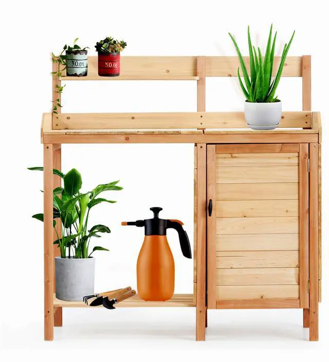 Alt view image 7 of 7 - Outdoor Wooden Potting Bench Table with Sink, Garden Table Work Bench with Storage, Workstation for Outside Patio Lawn