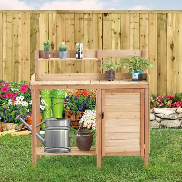 Alt view image 4 of 7 - Outdoor Wooden Potting Bench Table with Sink, Garden Table Work Bench with Storage, Workstation for Outside Patio Lawn