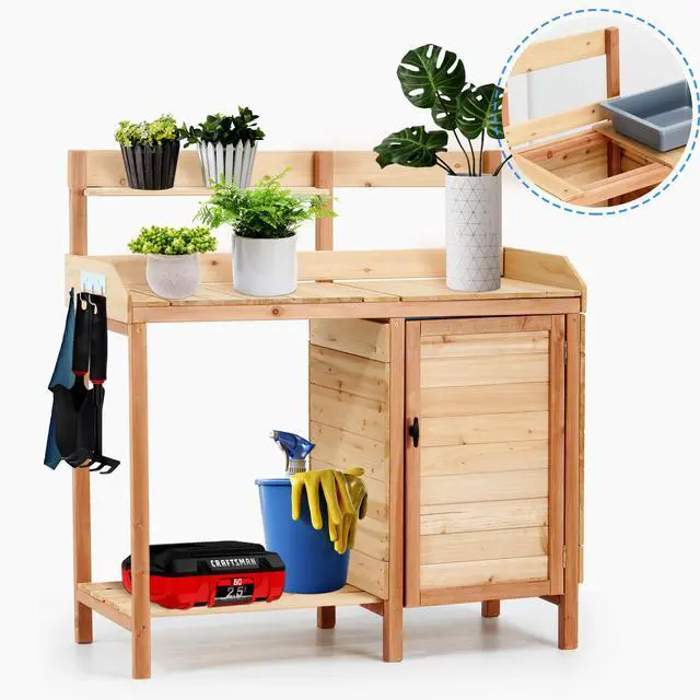 Alt view image 6 of 7 - Outdoor Wooden Potting Bench Table with Sink, Garden Table Work Bench with Storage, Workstation for Outside Patio Lawn