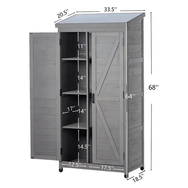 Alt view image 3 of 7 - Outdoor Wooden Storage Shed with Metal Top Tall Vertical Tool Cabinet for Backyard Garden Patio Lawn