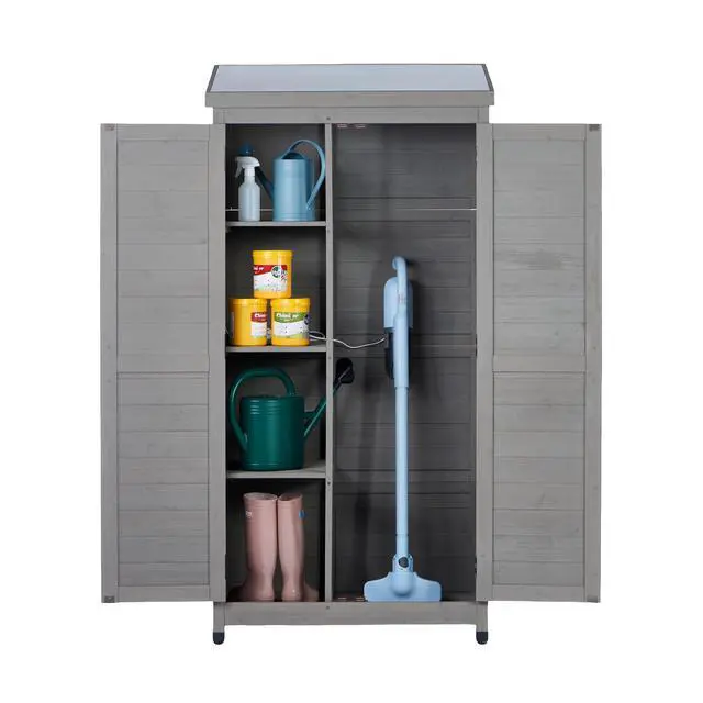 Alt view image 5 of 7 - Outdoor Wooden Storage Shed with Metal Top Tall Vertical Tool Cabinet for Backyard Garden Patio Lawn