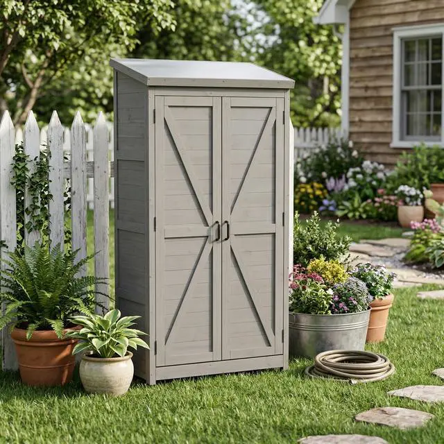Alt view image 7 of 7 - Outdoor Wooden Storage Shed with Metal Top Tall Vertical Tool Cabinet for Backyard Garden Patio Lawn