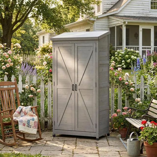Alt view image 6 of 7 - Outdoor Wooden Storage Shed with Metal Top Tall Vertical Tool Cabinet for Backyard Garden Patio Lawn
