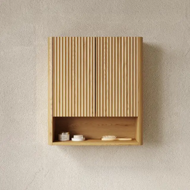 Alt view image 4 of 5 - ZULA 26" Wall-Mounted Striped Bathroom Cabinet, with Doors, Shelf and Open Storage Compartment Over The Toilet Storage Cabinet for Bathroom, Kitchen, Laundry Room, Corolla Oak Woodgrain Color Finish