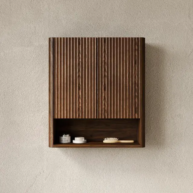 Alt view image 4 of 5 - ZULA 26" Wall-Mounted Striped Bathroom Cabinet, with Doors, Shelf and Open Storage Compartment Over The Toilet Storage Cabinet for Bathroom, Kitchen, Laundry Room, Dark Walnut Woodgrain Color Finish