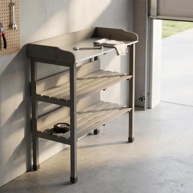 Alt view image 7 of 7 - 30x14.5×35.5 Potting Table w/Metal Tabletop, 3 Layers Outdoor Work Bench w/Hook for Garden, Solid Wood Workstation for Garage
