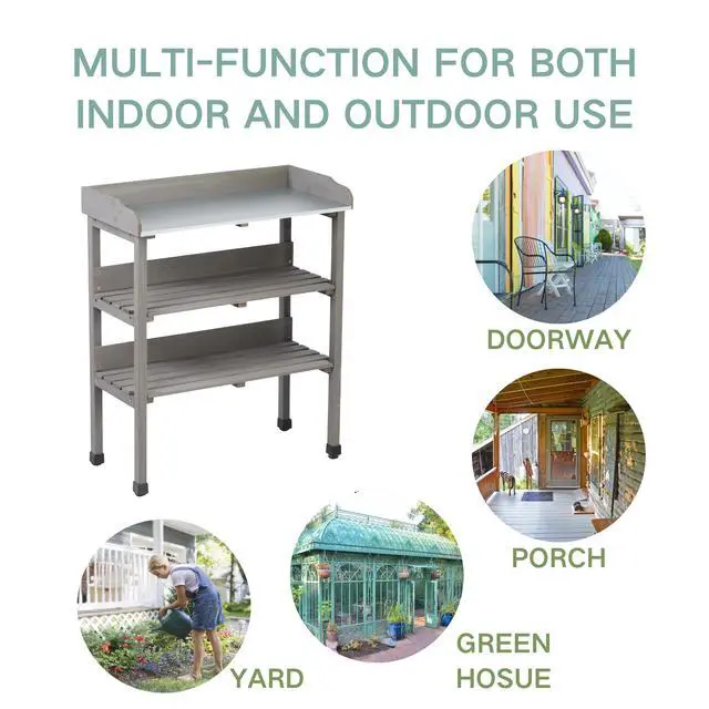 Alt view image 4 of 7 - 30x14.5×35.5 Potting Table w/Metal Tabletop, 3 Layers Outdoor Work Bench w/Hook for Garden, Solid Wood Workstation for Garage