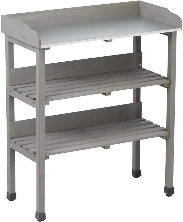 Main image of 30x14.5×35.5 Potting Table w/Metal Tabletop, 3 Layers Outdoor Work Bench w/Hook for Garden, Solid Wood Workstation for Garage