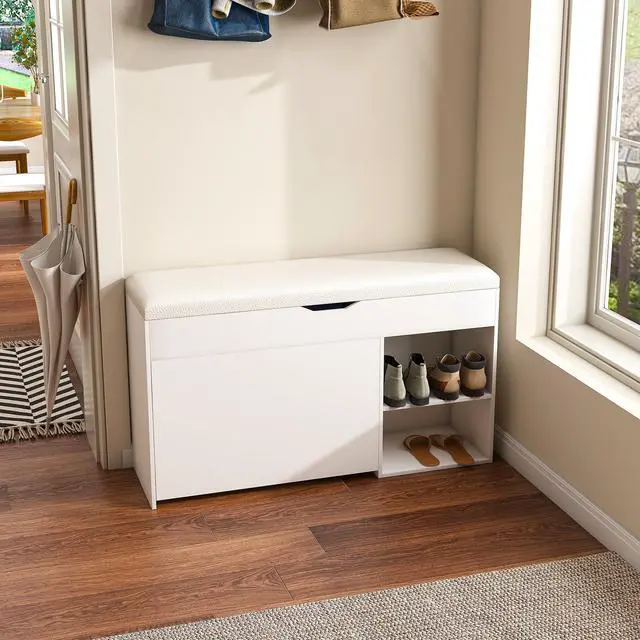 Alt view image 4 of 7 - Entryway Bench with Shoe Storage,Adjustable 3-Tier Flip-Up Drawers & Hidden Cabinet,Space-Saving Shoe Organizer,Triple Storage and Modern Design,for Hallway and Living Room,White