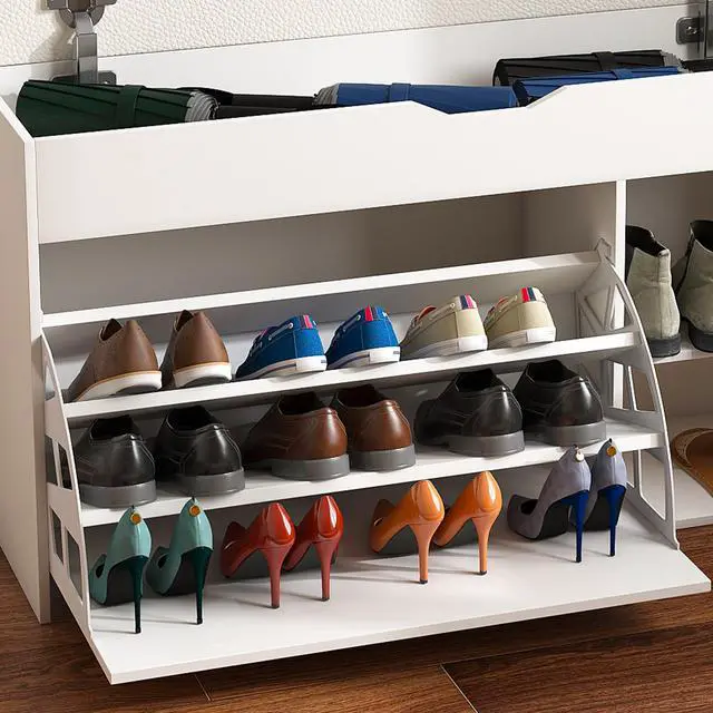 Alt view image 7 of 7 - Entryway Bench with Shoe Storage,Adjustable 3-Tier Flip-Up Drawers & Hidden Cabinet,Space-Saving Shoe Organizer,Triple Storage and Modern Design,for Hallway and Living Room,White