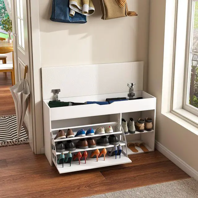 Alt view image 6 of 7 - Entryway Bench with Shoe Storage,Adjustable 3-Tier Flip-Up Drawers & Hidden Cabinet,Space-Saving Shoe Organizer,Triple Storage and Modern Design,for Hallway and Living Room,White