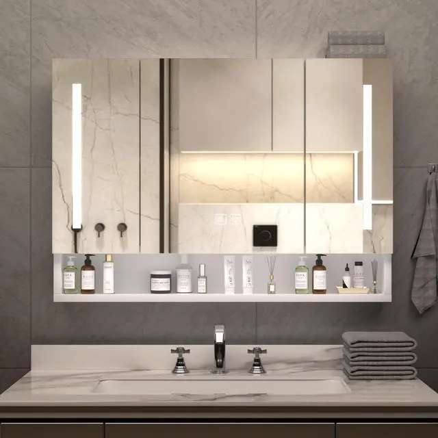 Main image of Modern 39x28 inches Aluminium Bathroom Cabinets, Medicine Cabinets with Mirrors and LED Lights, Bathroom Storage Cabinet with Multilevel Storage Compartments