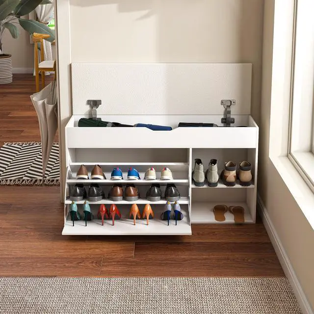 Alt view image 5 of 7 - Entryway Bench with Shoe Storage,Adjustable 3-Tier Flip-Up Drawers & Hidden Cabinet,Space-Saving Shoe Organizer,Triple Storage and Modern Design,for Hallway and Living Room,White