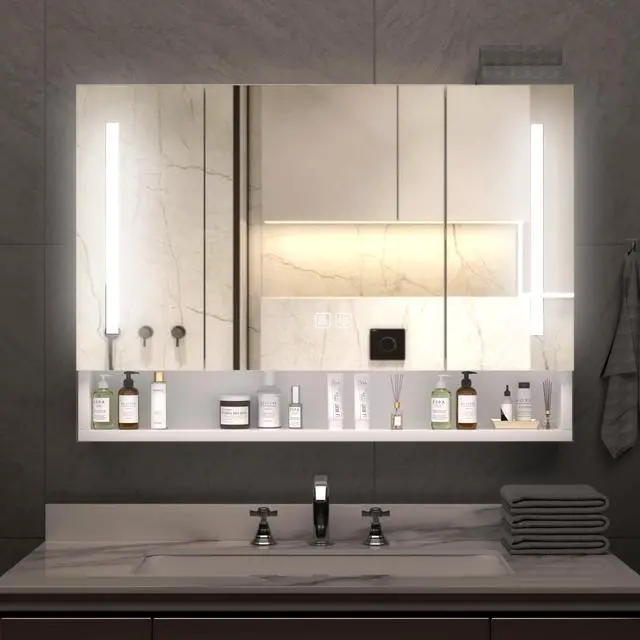Alt view image 2 of 7 - Modern 39x28 inches Aluminium Bathroom Cabinets, Medicine Cabinets with Mirrors and LED Lights, Bathroom Storage Cabinet with Multilevel Storage Compartments