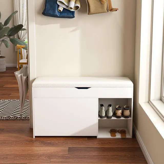 Alt view image 2 of 7 - Entryway Bench with Shoe Storage,Adjustable 3-Tier Flip-Up Drawers & Hidden Cabinet,Space-Saving Shoe Organizer,Triple Storage and Modern Design,for Hallway and Living Room,White