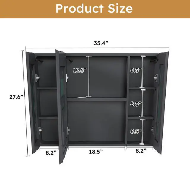 Alt view image 3 of 7 - Aluminium Medicine Cabinet Mirror, 35 x 28 Inches Medicine Cabinet with 3 Colors LED Light and Defogging Function, Bathroom Mirror Cabinet with Cosmetic Storage Rack and Hair Dryer Holder, Grey