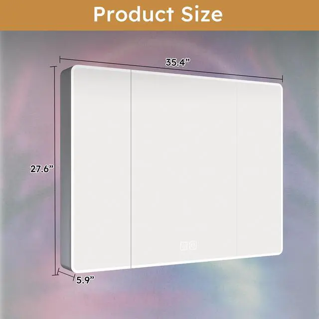 Alt view image 4 of 7 - Aluminium Medicine Cabinet Mirror, 35 x 28 Inches Medicine Cabinet with 3 Colors LED Light and Defogging Function, Bathroom Mirror Cabinet with Cosmetic Storage Rack and Hair Dryer Holder, Grey