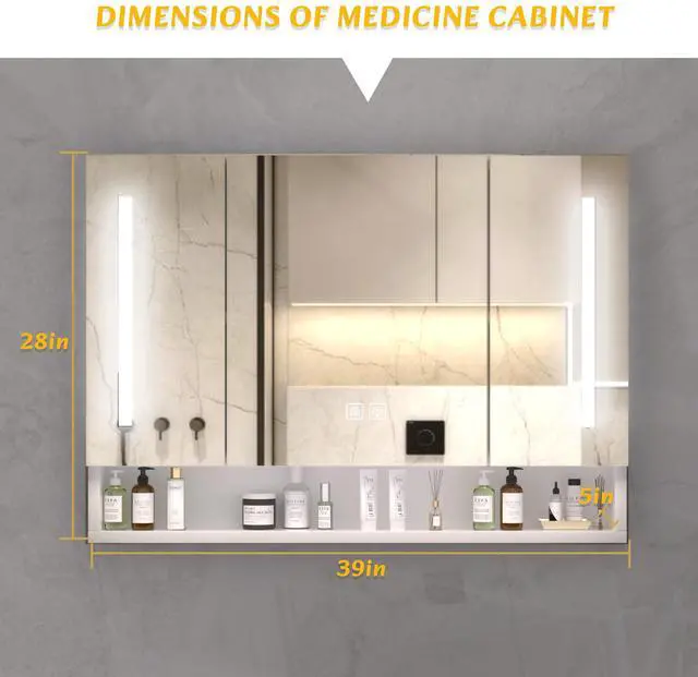 Alt view image 4 of 7 - Modern 39x28 inches Aluminium Bathroom Cabinets, Medicine Cabinets with Mirrors and LED Lights, Bathroom Storage Cabinet with Multilevel Storage Compartments