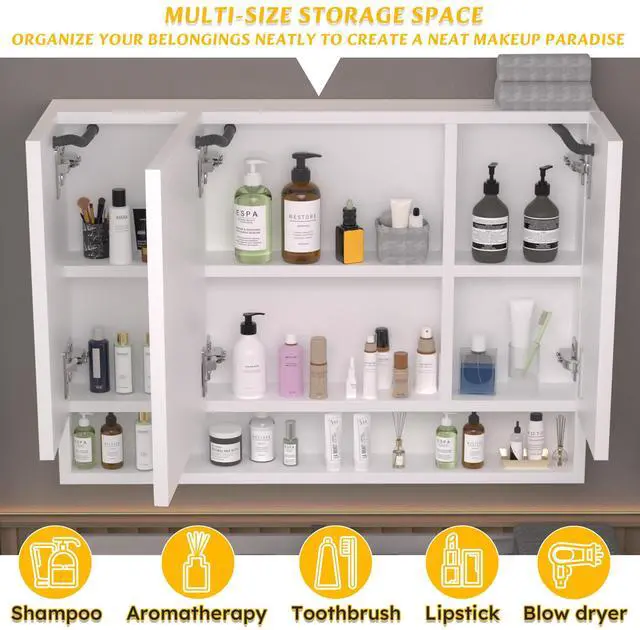 Alt view image 6 of 7 - Modern 39x28 inches Aluminium Bathroom Cabinets, Medicine Cabinets with Mirrors and LED Lights, Bathroom Storage Cabinet with Multilevel Storage Compartments