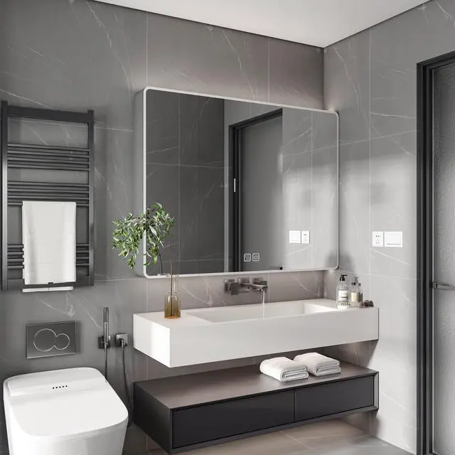 Alt view image 2 of 7 - Aluminium Medicine Cabinet Mirror, 35 x 28 Inches Medicine Cabinet with 3 Colors LED Light and Defogging Function, Bathroom Mirror Cabinet with Cosmetic Storage Rack and Hair Dryer Holder, Grey