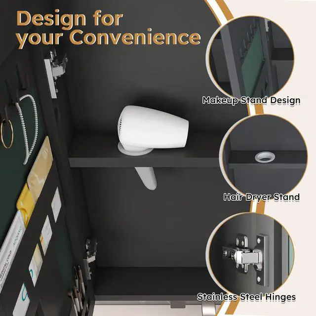 Alt view image 6 of 7 - Aluminium Medicine Cabinet Mirror, 35 x 28 Inches Medicine Cabinet with 3 Colors LED Light and Defogging Function, Bathroom Mirror Cabinet with Cosmetic Storage Rack and Hair Dryer Holder, Grey