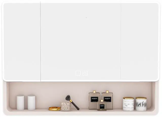 Main image of Aluminium Medicine Cabinet Mirror, 35 x 28 Inches Medicine Cabinet with 3 Colors LED Light and Defogging Function, Bathroom Mirror Cabinet with Cosmetic Storage Rack and Hair Dryer Holder, khaki