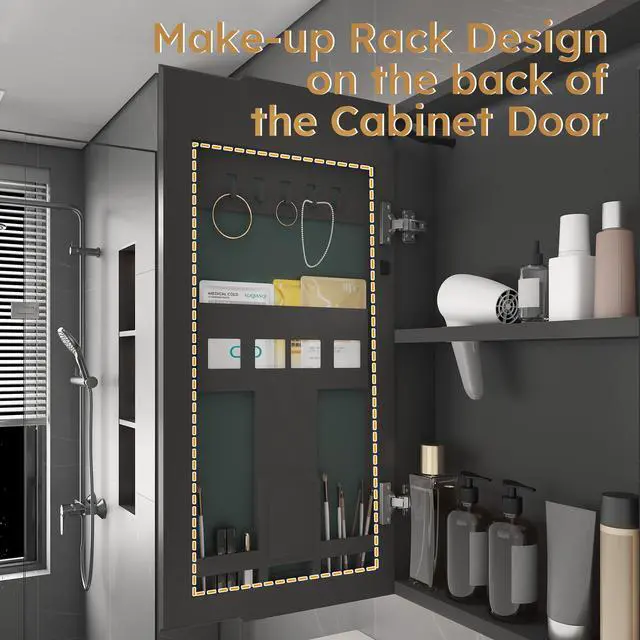 Alt view image 7 of 7 - Aluminium Medicine Cabinet Mirror, 35 x 28 Inches Medicine Cabinet with 3 Colors LED Light and Defogging Function, Bathroom Mirror Cabinet with Cosmetic Storage Rack and Hair Dryer Holder, Grey