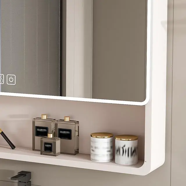 Alt view image 5 of 7 - Aluminium Medicine Cabinet Mirror, 35 x 28 Inches Medicine Cabinet with 3 Colors LED Light and Defogging Function, Bathroom Mirror Cabinet with Cosmetic Storage Rack and Hair Dryer Holder, khaki