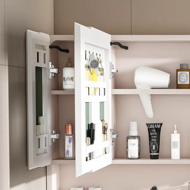 Alt view image 7 of 7 - Aluminium Medicine Cabinet Mirror, 35 x 28 Inches Medicine Cabinet with 3 Colors LED Light and Defogging Function, Bathroom Mirror Cabinet with Cosmetic Storage Rack and Hair Dryer Holder, khaki