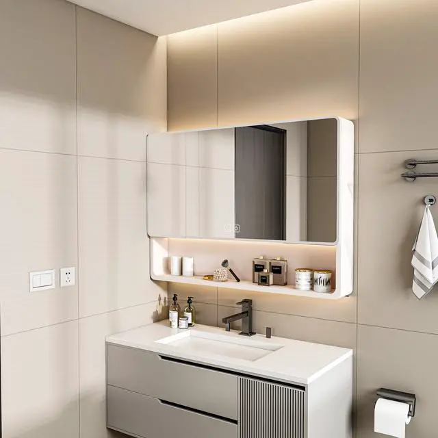 Alt view image 4 of 7 - Aluminium Medicine Cabinet Mirror, 35 x 28 Inches Medicine Cabinet with 3 Colors LED Light and Defogging Function, Bathroom Mirror Cabinet with Cosmetic Storage Rack and Hair Dryer Holder, khaki