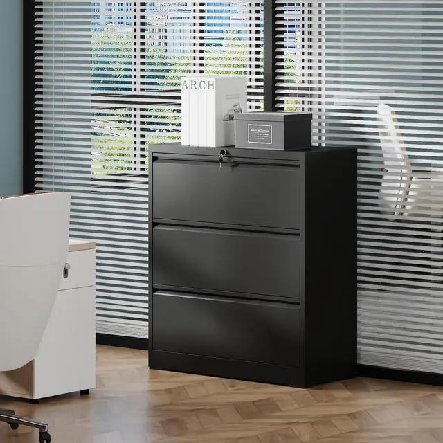 Alt view image 2 of 7 - 3 Drawer Lateral File Cabinet, 35.4 Inch Wide Metal Filing Cabinet, Locking Heavy Duty File Cabinet for Home Office, Anti-Tip Safety Interlock, Vertical Storage for Letter/Legal/A4 Files, Black