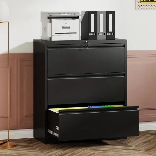 Alt view image 4 of 7 - 3 Drawer Lateral File Cabinet, 35.4 Inch Wide Metal Filing Cabinet, Locking Heavy Duty File Cabinet for Home Office, Anti-Tip Safety Interlock, Vertical Storage for Letter/Legal/A4 Files, Black
