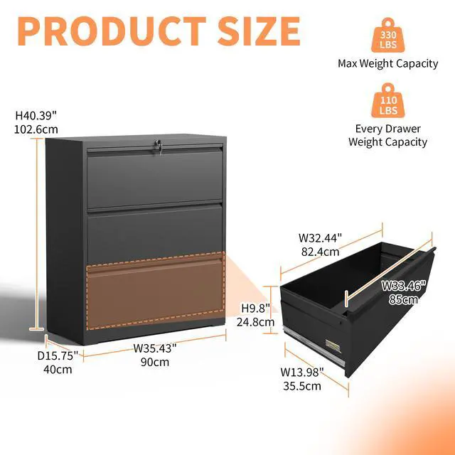 Alt view image 3 of 7 - 3 Drawer Lateral File Cabinet, 35.4 Inch Wide Metal Filing Cabinet, Locking Heavy Duty File Cabinet for Home Office, Anti-Tip Safety Interlock, Vertical Storage for Letter/Legal/A4 Files, Black