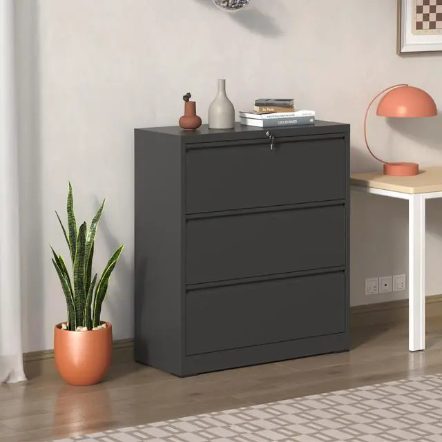 Alt view image 5 of 7 - 3 Drawer Lateral File Cabinet, 35.4 Inch Wide Metal Filing Cabinet, Locking Heavy Duty File Cabinet for Home Office, Anti-Tip Safety Interlock, Vertical Storage for Letter/Legal/A4 Files, Black