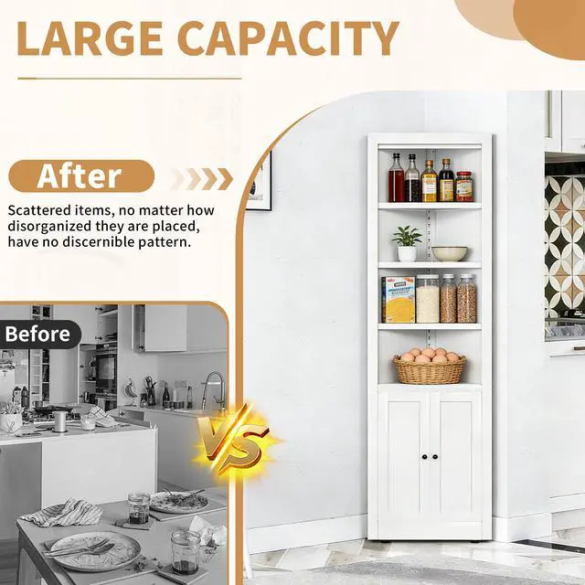Alt view image 7 of 7 - 71" Tall Corner Storage Cabinet with 2 Doors, 5-Tier Metal Cabinet with Adjustable Shelves, Freestanding Kitchen Storage for Pantry, Living Room, Bathroom, Laundry Room, Space Saving Furniture, White