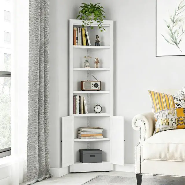 Alt view image 5 of 7 - 71" Tall Corner Storage Cabinet with 2 Doors, 5-Tier Metal Cabinet with Adjustable Shelves, Freestanding Kitchen Storage for Pantry, Living Room, Bathroom, Laundry Room, Space Saving Furniture, White
