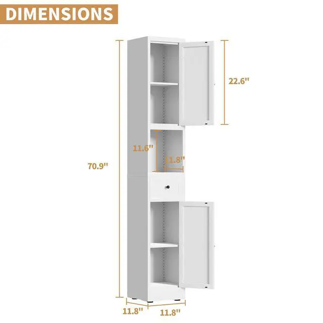 Alt view image 3 of 7 - 71 Inch Tall Bathroom Storage Cabinet, 5-Tier Narrow Metal Cabinet with 2 Doors & Adjustable Shelves, Freestanding Cabinet for Space Saving in Kitchen, Laundry Room, Pantry, White