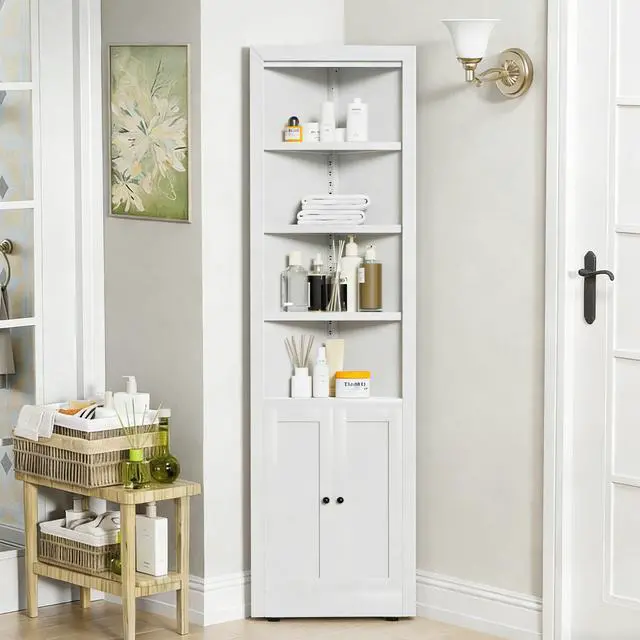 Alt view image 2 of 7 - 71" Tall Corner Storage Cabinet with 2 Doors, 5-Tier Metal Cabinet with Adjustable Shelves, Freestanding Kitchen Storage for Pantry, Living Room, Bathroom, Laundry Room, Space Saving Furniture, White
