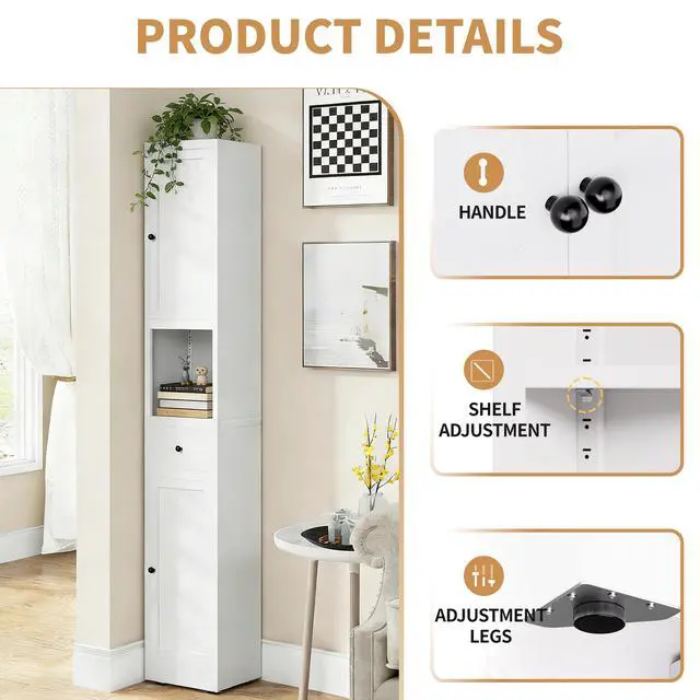 Alt view image 6 of 7 - 71 Inch Tall Bathroom Storage Cabinet, 5-Tier Narrow Metal Cabinet with 2 Doors & Adjustable Shelves, Freestanding Cabinet for Space Saving in Kitchen, Laundry Room, Pantry, White