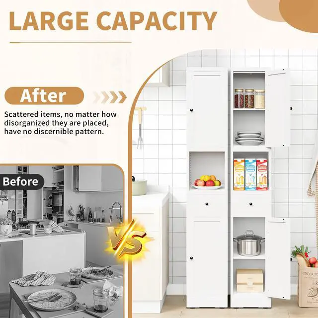 Alt view image 7 of 7 - 71 Inch Tall Bathroom Storage Cabinet, 5-Tier Narrow Metal Cabinet with 2 Doors & Adjustable Shelves, Freestanding Cabinet for Space Saving in Kitchen, Laundry Room, Pantry, White