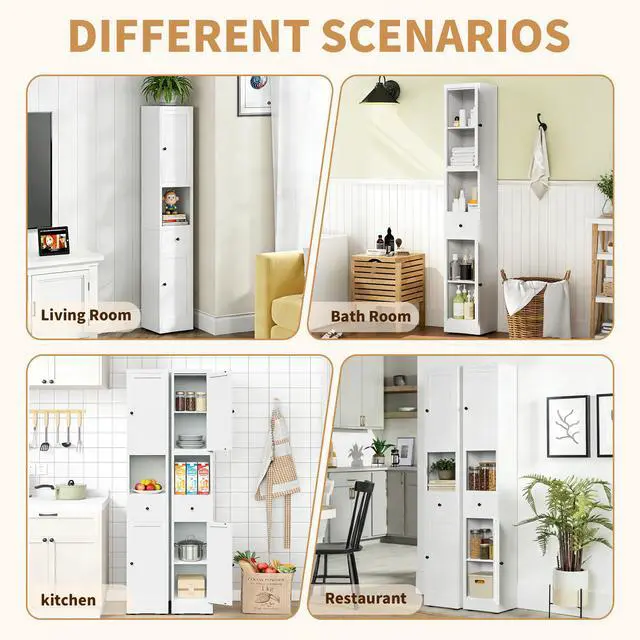 Alt view image 5 of 7 - 71 Inch Tall Bathroom Storage Cabinet, 5-Tier Narrow Metal Cabinet with 2 Doors & Adjustable Shelves, Freestanding Cabinet for Space Saving in Kitchen, Laundry Room, Pantry, White