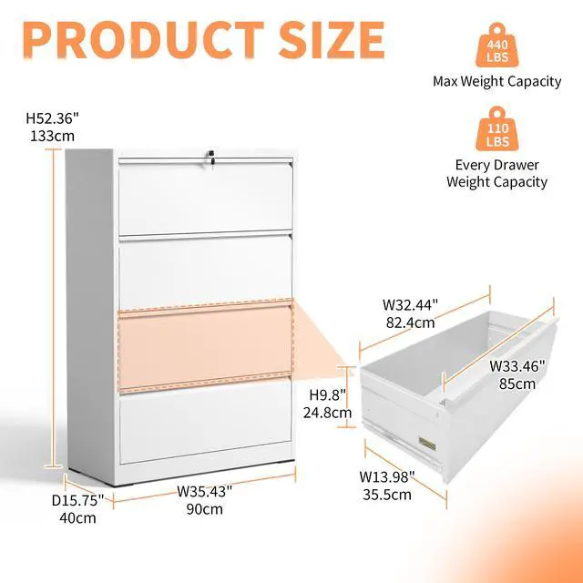 Alt view image 3 of 7 - 4 Drawer Lateral File Cabinet, Heavy Duty Metal Filing Cabinet, 35.4 Inch Wide Locking File Cabinet for Home Office, Space-Saving Vertical Storage with Anti-Tip Interlock, for Letter/Legal/A4 Files