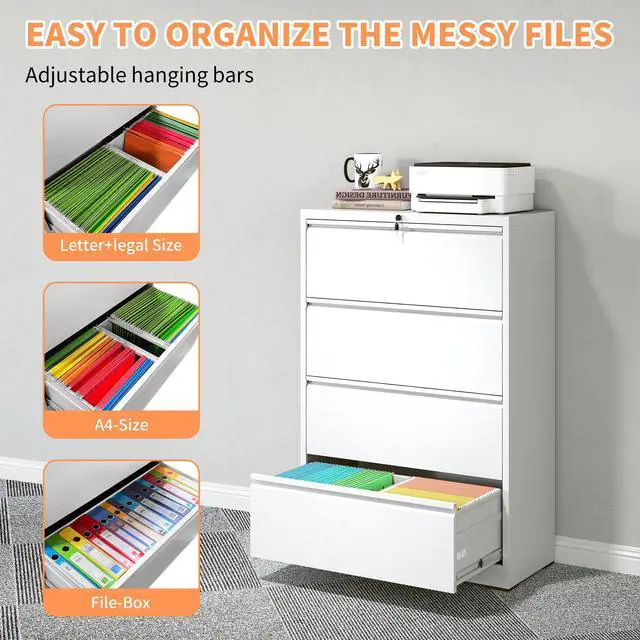 Alt view image 4 of 7 - 4 Drawer Lateral File Cabinet, Heavy Duty Metal Filing Cabinet, 35.4 Inch Wide Locking File Cabinet for Home Office, Space-Saving Vertical Storage with Anti-Tip Interlock, for Letter/Legal/A4 Files