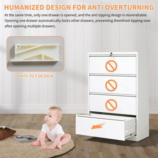 Alt view image 7 of 7 - 4 Drawer Lateral File Cabinet, Heavy Duty Metal Filing Cabinet, 35.4 Inch Wide Locking File Cabinet for Home Office, Space-Saving Vertical Storage with Anti-Tip Interlock, for Letter/Legal/A4 Files