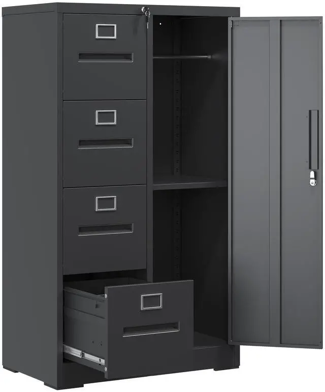 Main image of Metal Storage Vertical Filing Cabinet with Lock, Steel File Locker with 4 Drawers and 1 door for School, Living Room, Bedroom, Office (Black)