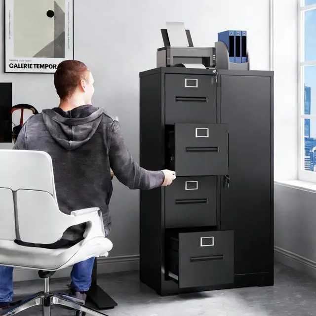 Alt view image 2 of 7 - Metal Storage Vertical Filing Cabinet with Lock, Steel File Locker with 4 Drawers and 1 door for School, Living Room, Bedroom, Office (Black)